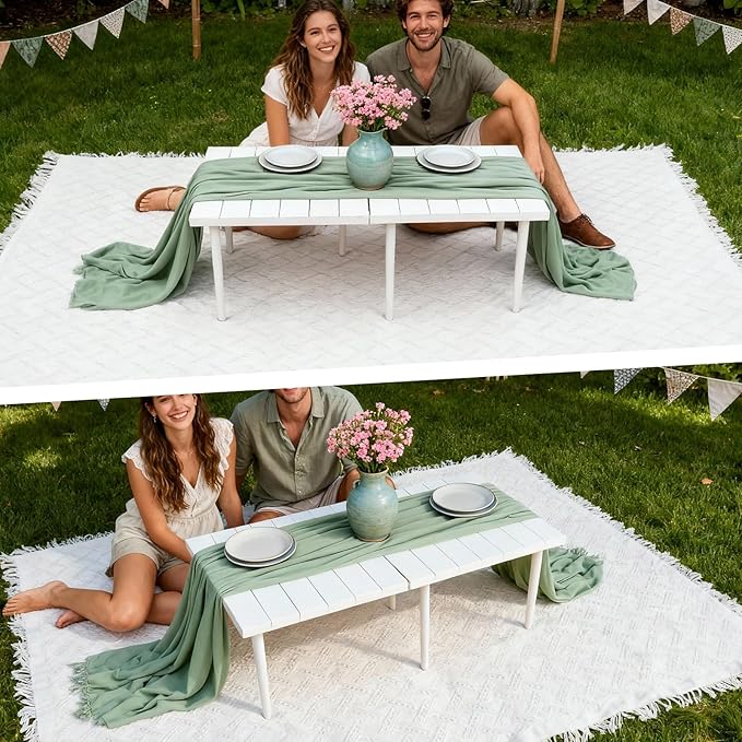 1 Set Low Picnic Table, Foldable Boho Picnic Table with Extra Large Outdoor Camping Blanket Portable Boho Wood BBQ Tables for Camping Wedding Beach BBQ Party (for 4 Person,White)