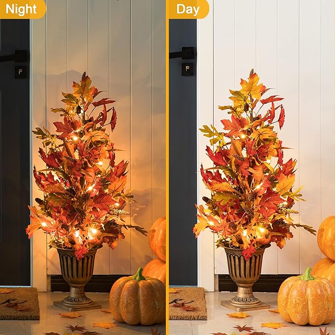 Glitzhome 2 Pcs Fall Maple Trees with Lights & Timer, 36''H Lighted Artificial Urn Potted Porch Tree with 20 Warm White LEDs, Decorative Fall Front Door Trees for Outdoor Indoor Porch Entryway