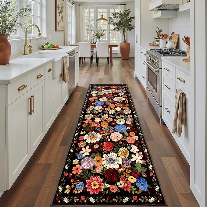 Black Rug for Hallways Kitchen Rug 2x8, Non Slip Washable Rugs with Rubber Backing Soft Floral Carpet Runner for Hallways, Kitchen, Laundry, Bedroom, Bathroom (2 x 8, Black Garden)