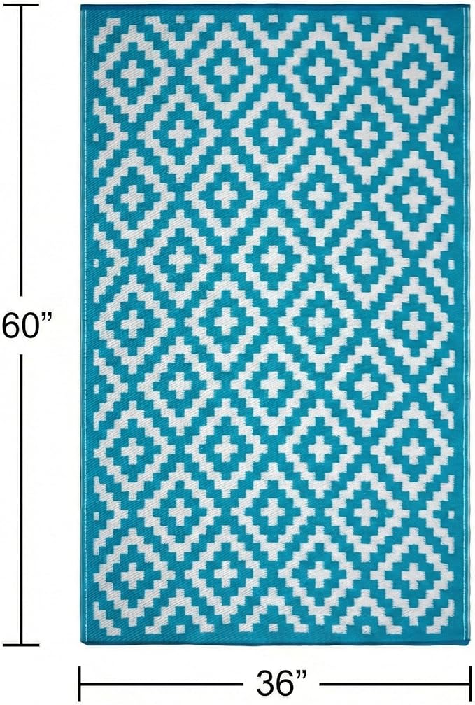 FH Home Outdoor Rug - Waterproof, Fade Resistant, Reversible - Premium Recycled Plastic - Geometric - Porch, Deck, Balcony, Mudroom, Laundry Room, Patio - Aztec - Teal & White Crease Free - 3 x 5 ft