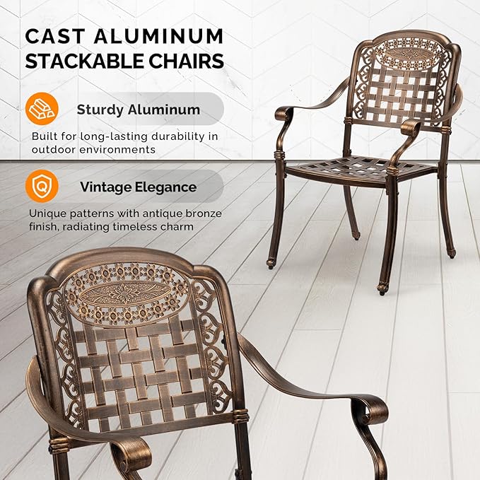 VINGLI Patio Chairs Set of 4 - Stackable Outdoor Cast Aluminum Dining Chairs with Vintage Bronze Finish and Plaid Pattern, Metal Armchairs for Poolside, Backyard, Balcony (No Cushion)
