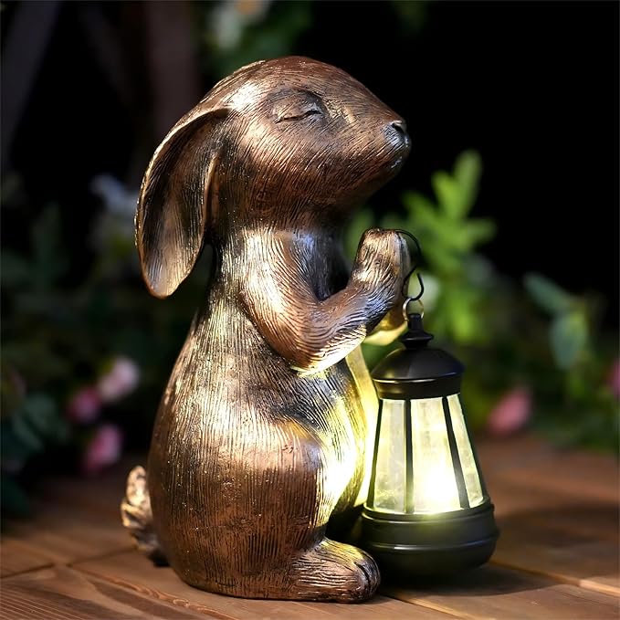 Solar Garden Statue Rabbit Outdoor Decor, Bunny Figurines with Solar Lantern, Yard Decorations for Patio Balcony Yard Lawn Ornaments - Unique Birthday Easter Housewarming Gifts for Women, Mom, Grandma