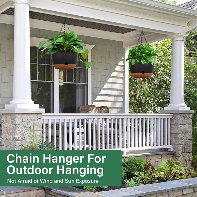 Hanging Planters for Indoor Plants, 2 Pack 10 Inch Self Watering Hanging Pots for Plants with Drainage Holes, Indoor Outdoor Hanging Flower Pots for Home Garden Ceiling Decor (Black)