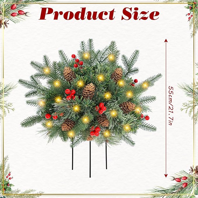 Lighted Artificial Christmas Urn Filler, 2 Pack Small Xmas Pine Tree Outdoor Decorations with Cones, Red Berries & 50 LED Lights, Light Up Planter Filler Decor for Porch Yard, Garden, Cemetery