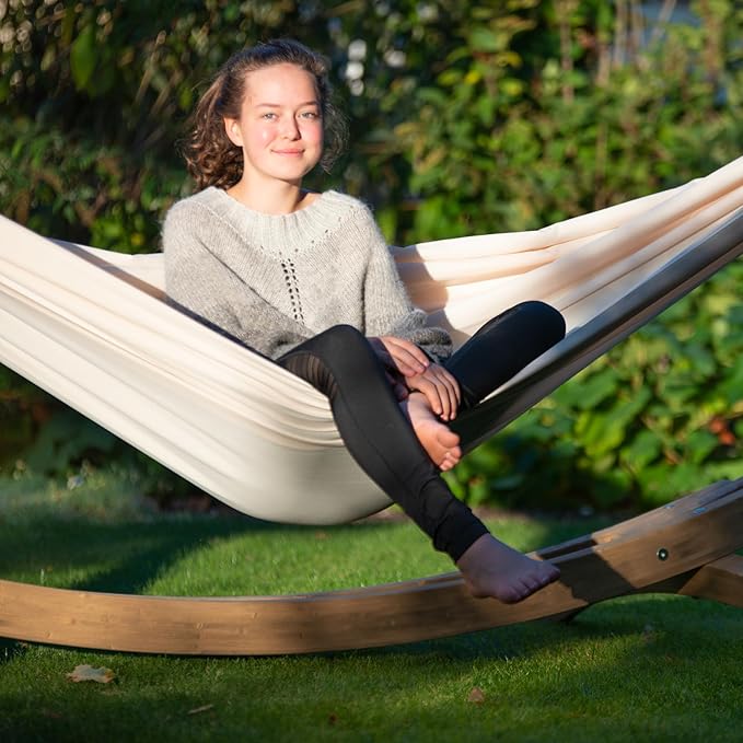 LA SIESTA® - Large Double Brisa Classic Hammock & Elipso Stand - Larch Wood Hammock Stand - Weather & Tear Resistant - Backyard Outdoor Hammock with Stand - 2-Person, Max 355 Lbs, Vanilla
