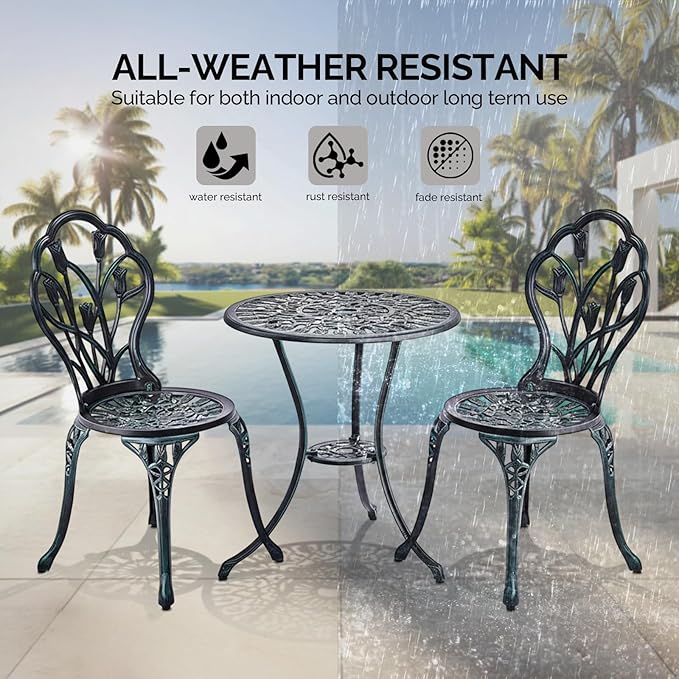 Outvita Patio Table and Chairs Set, Cast Aluminum Outdoor Cafe Table and Chairs Set of 3, Stability Patio Bistro Sets with Umbrella Hole for Garden, Patio, Balcony, Tulip Pattern Verdigris
