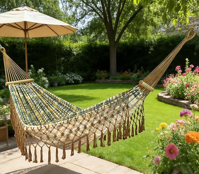 Boho Classic Hammock with Tassel,Max 500lbs Handmade,2 Person Hammock Hammock for Indoor & Outdoor, Lightweight Durable - for Patio, Porch, Backyard Lounging(Khaki)