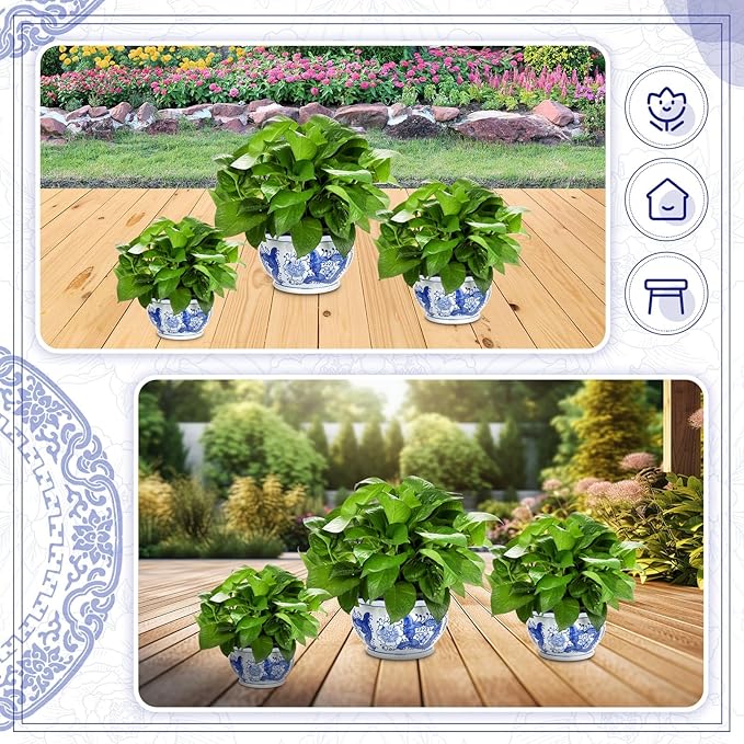 Set of 3 Blue and White Porcelain Flower Pots 7.2'' 6'' 4'' Decorative Chinoiserie Plant Pots with Drainage Hole Saucers Ceramic Planters for Indoor Garden(Elegant Style)