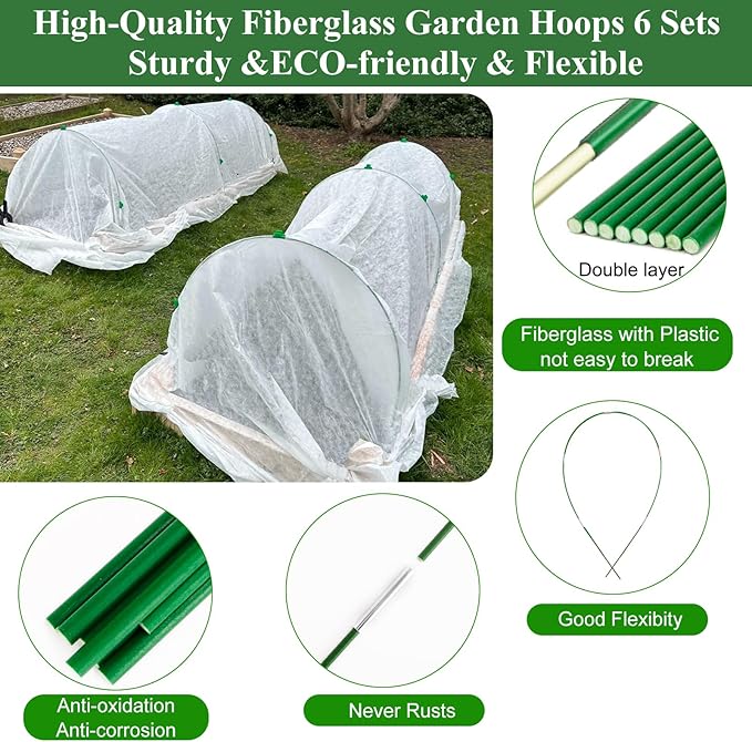 10X50FT Plant Covers Frost Protection Kit, Garden Hoops Kit for Winter Oudoot Plants, Floating Row Cover Frost Cloth Plant Blankets for Freeze Snow Protection, Greenhouse Hoop for Raised Beds