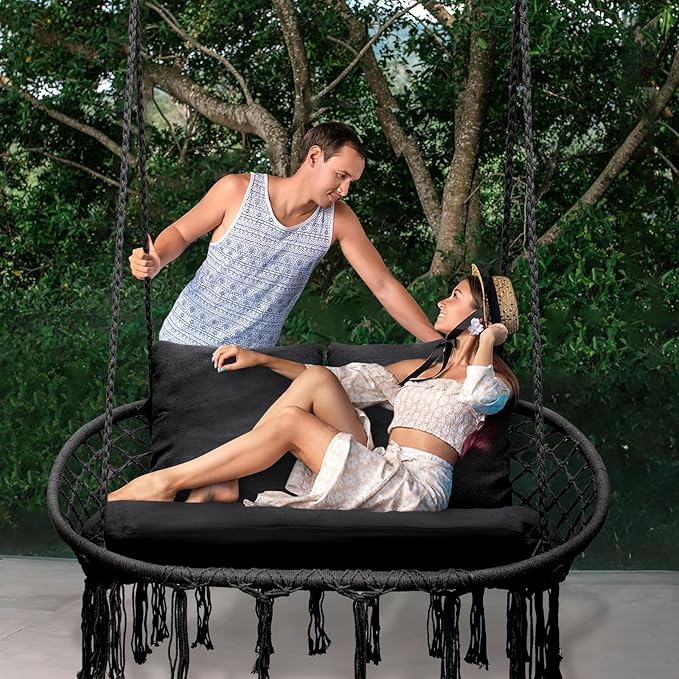 Athena Collection Hammock Swing Chair with 2 Seat, Max 700 Lbs, Outdoor Large Cotton Rope Chair Hanging Macrame Chair with 3 Soft Cushion, Swing Chair for Outdoor Indoor Patio Garden, Black