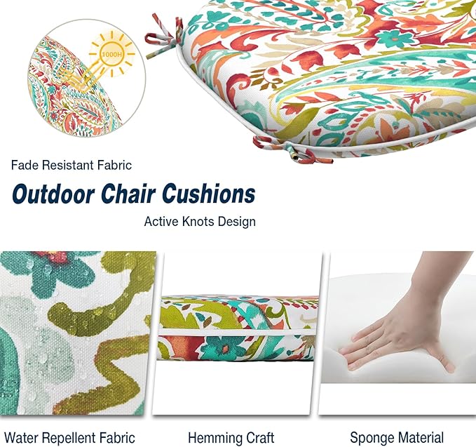 Outdoor Chair Cushions Set of 4, Water Resistant Patio Chair Pads with Ties, Seat Cushions for Home Garden Furniture Decoration, 16"x17", Pretty Paisley