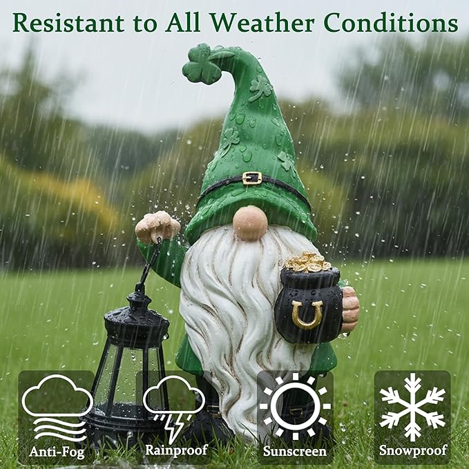 St. Patrick's Day Gnome for Outdoor Decor, Resin Garden Gnome Holding Lantern with Solar Lights, 4.7 * 3 * 6.7inch Solar Garden Statues for Outside, Leprechaun Figurine for Patio, Yard, Lawn
