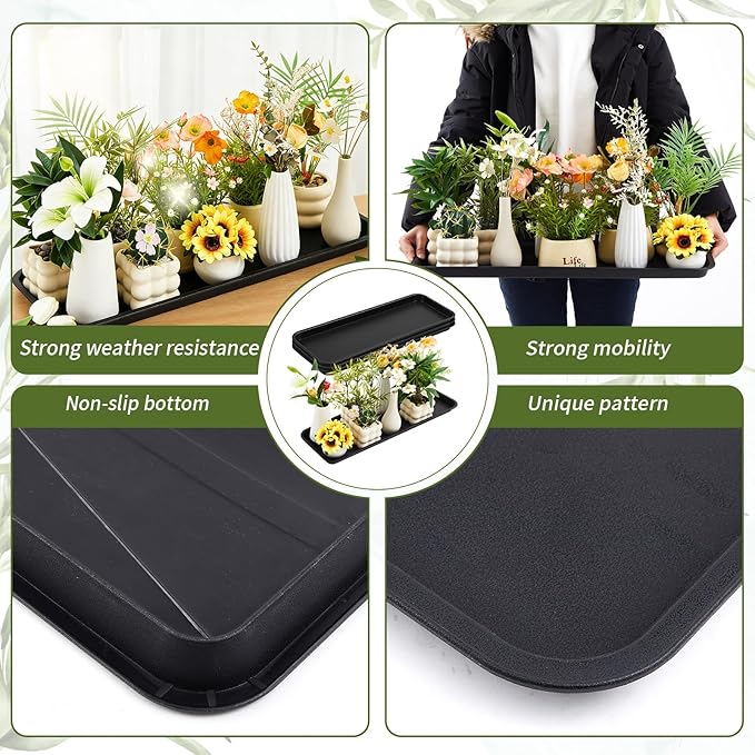 4 Pack Black 30 x 9.8 x 1.2 Inch Rectangle Plant Saucer Large Plastic Plant Tray Water Drip Trays for Windowsill Flower Pot Planter Drainage Germination Garden Outdoor Indoor Use