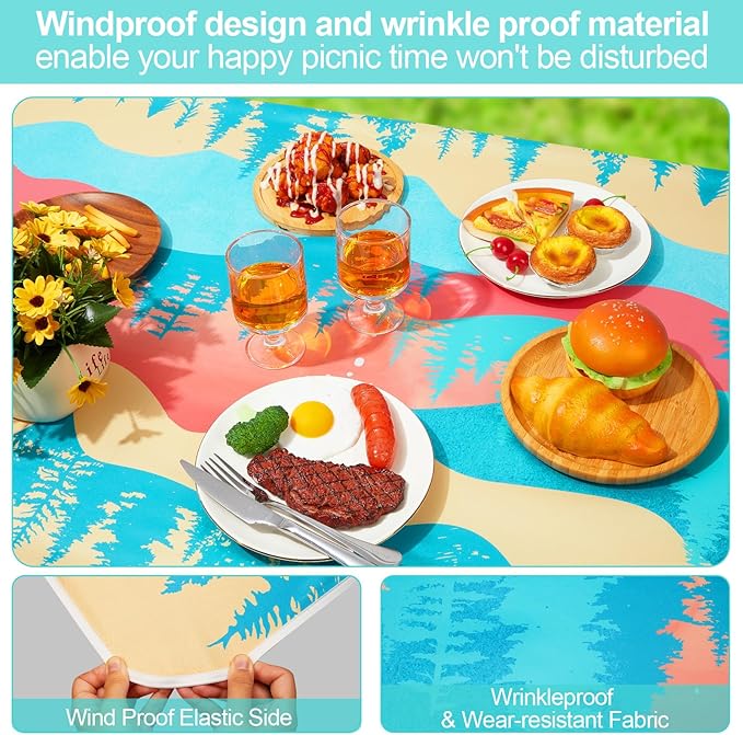 Picnic Table Cover with Bench Covers 6FT 3 Pcs Waterproof Windproof Aesthetic Camping Tablecloth with Drawstring Bag, Fitted for 6 Foot Rectangle Tables and Seats, 72 inch, Blue Orange
