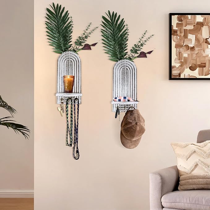 3-in-1 Wooden Wall Organizer - Planter Vase + Candle Sconces + Hooks (No Dried Flower)- Farmhouse Hanging Decor Boho Wall Art for Indoor Plants Artificial Eucalyptus for Living Room Bedroom Washwhite