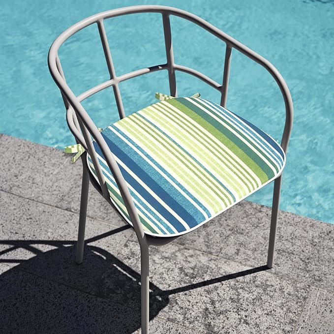 Outdoor Chair Cushions Set of 2, Water Resistant Patio Chair Pads with Ties, Seat Cushions for Home Garden Furniture Decoration, 16"x17", Stripe Blue Green