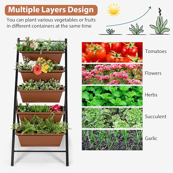 S AFSTAR 5-Tier Vertical Garden Planter, 5-Layer Raised Garden Bed with 5 Detachable Planter Boxes & Metal Frame, Indoor Outdoor Elevated Planting Containers for Flower Vegetables Fruit Herbs