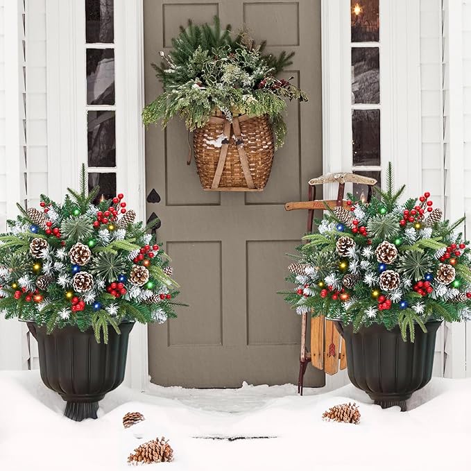 Waipfaru 2 Pack Prelit Planter Bushes, Outdoor Christmas Urn Filler with Lights, 22 Inch Artificial Christmas Tree for Front Porch, Pot, Holiday Planter Filler Outdoor