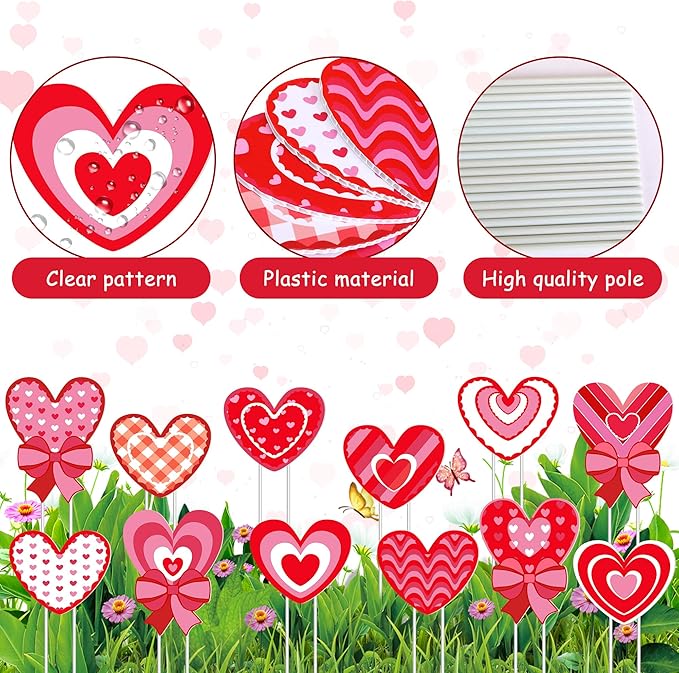 Iceyyyy 12 Pcs Valentine’s Day Heart Shape Planter Stakes-14.6 Inch Heart Decorative Graden Yard Stakes-Valentines Plant Yard Signs for Home Anniversary Party Outdoor Lawn Decor