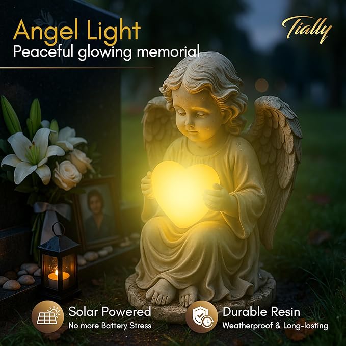 TIALLY Solar Garden Angel Statue – Praying Guardian Angel Statue Light for Outdoor Yard Decor, Resin Garden Sculpture with Soft Glow for Angels Memorial or Cemetery Use