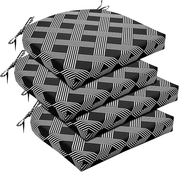 Basic Beyond Outdoor Chair Cushions Set of 4, Outdoor Cushions for Patio Furniture, Water Resistant Patio Chair Cushions with 2 Ties, 17x16x2, Black Geometry