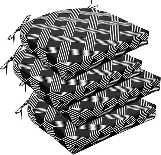 Basic Beyond Outdoor Chair Cushions Set of 4, Outdoor Cushions for Patio Furniture, Water Resistant Patio Chair Cushions with 2 Ties, 17x16x2, Black Geometry