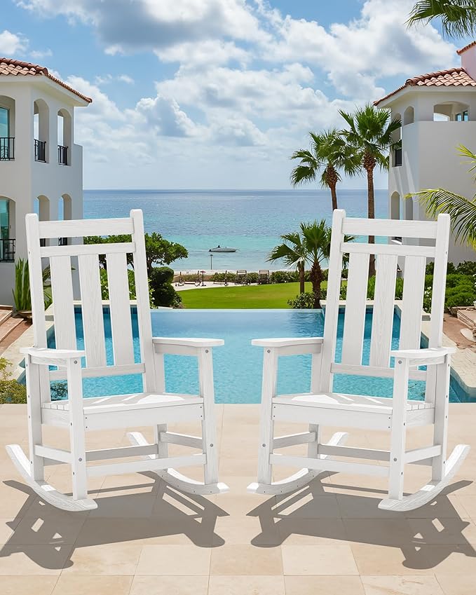 KINGYES Outdoor Rocking Chair, All-Weather Patio Rocking Chairs for Porch, HDPE Rocking Outdoor Chairs with High Back for Adult, Heavy Duty Outdoor Patio Rockers for Garden, Lawn, White