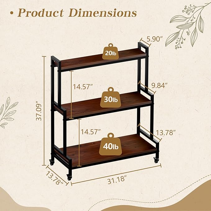 Flower Cart Display Stand with Wheels - Solid Wooden Plant Stand Shelf Outdoor - 3 Tier Patio Rolling Flower Stand - Ladder Folwer Holder Stand 37''x31'' for Florist, Garden, Wedding, Living Room, Walnut