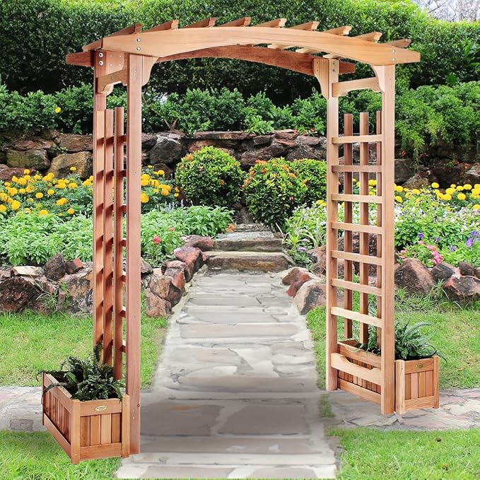 All Things Cedar PA96-Set 6-ft Cedar Garden Pagoda Arbor with Side Planters | Wedding Arch for Ceremony | Wood Trellis for Outdoor & Plant Climbing | Handcrafted (Western Red Cedar)