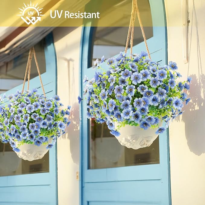 Artificial Flowers Outdoor Faux Plants UV Resistant Fake Patio Flowers Plastic Greenery Plnats Outside Bulk for Spring Garden Hanging Planter Home Vase Decor, 24 Bundles (Blue)