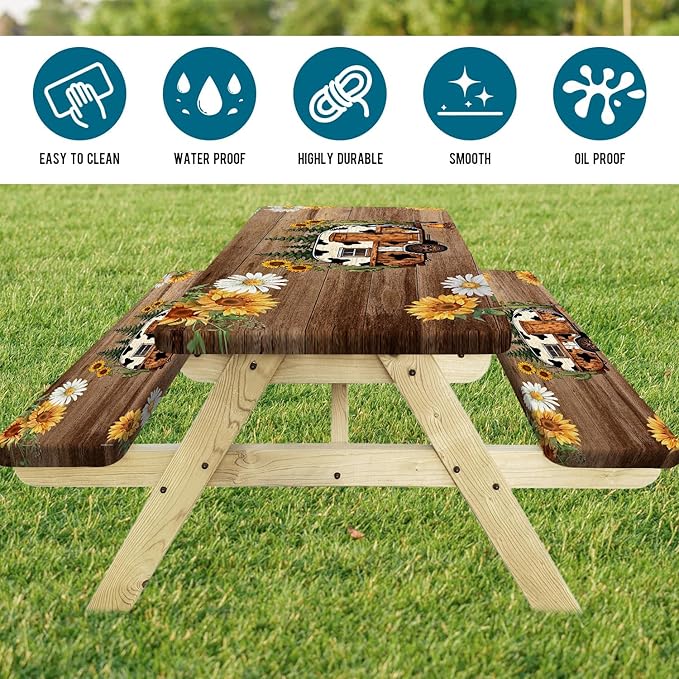 Picnic Table Cover with Bench Covers, Sunflower Wood RV Essentials Waterproof Windproof Camping Tablecloth with Drawstring Bag, for Indoor & Outdoor, Garden, Camping 3PCS, 96in, Brown