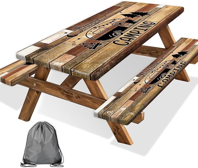 3PCS Picnic Table Cover with Bench Cover Brown Wooden Camping Tablecloth Fitted Picnic Picnic Table Cover with Elastic Windproof Waterproof, Outdoor & Garden Camping Accessories 96IN