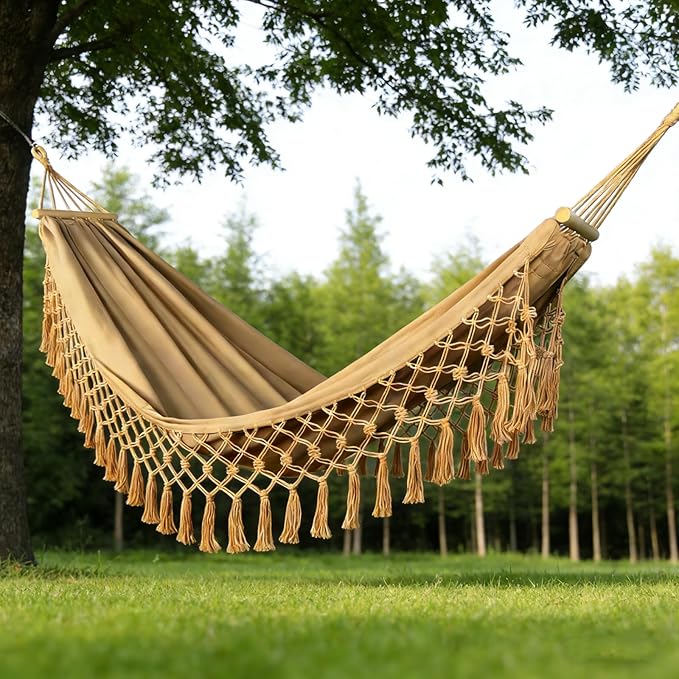 Beautiful Boho Style Hammock,Bohemian Outdoor Portable 1 Person Hammock,for Suitable for Patio, Beach, Garden,Wedding Decor (Khaki)