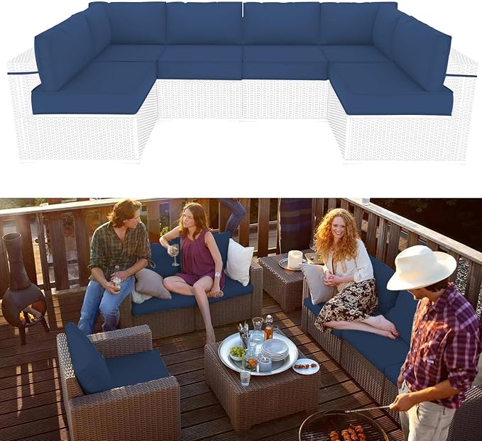 Outdoor Sectional Cushions Replacement Set, 26x26in Patio Furniture Cushions, 14 Pieces Waterproof Outdoor Couch Cushion for 6 Seat Wicker Conversation (Navy 15" Height)