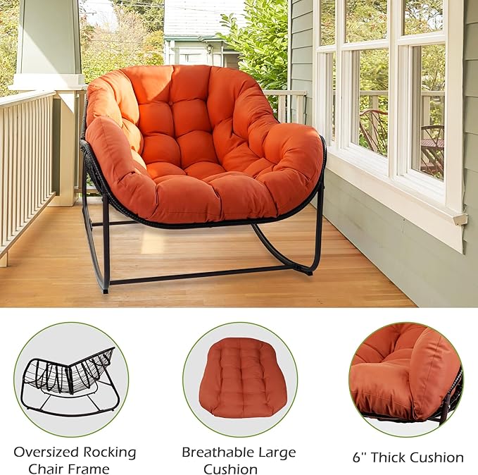 Papasan Rocking Chair, Oversized Papasan Chair with Cushion and Frame for Indoor& Outdoor, Deep Seat Egg-Shaped Rocker Chair for Garden, Deck, Living Room, Red
