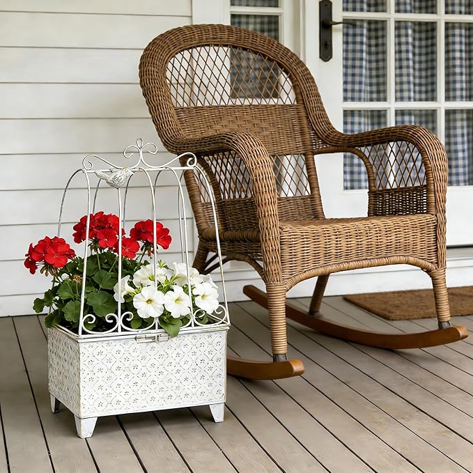 2-Piece Vintage White Metal Birdcage Planter Set, Decorative Flower Pots with Ornate Design for Indoor Outdoor Garden Decor, Distressed Planters (White)