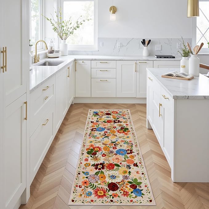 Runner Rug 2x6, Kitchen Rug Non Slip Washable Rugs with Rubber Backing Soft Floral Carpet Runner for Hallways, Kitchen, Laundry, Bedroom, Bathroom (2 x 6, Beige)