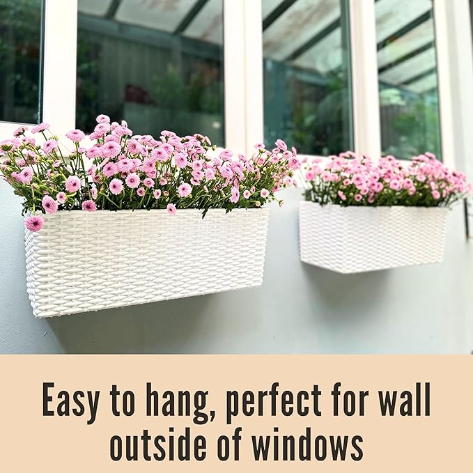 LaLaGreen Window Boxes Planters (20 Inch, 4 Pack) Outdoor Wall Hanging Flower Box with Bracket, Vertical Wall Mounted Self Watering White Rectangular Plant Container Modern Garden Herb Kitchen Indoor