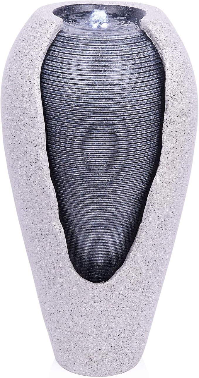 Alpine Corporation - 29" Tall Two Tone Ribbed Jar Floor Fountain with LED Lights – Elegant Indoor/Outdoor Water Feature, Easy Setup with Pump & Plug-in Design (Gray)