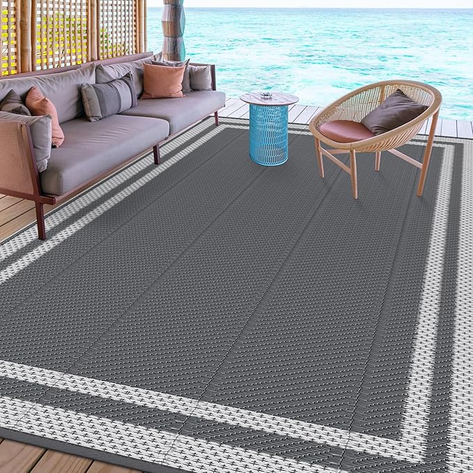 HappyTrends,Outdoor Rug,Patio Rug,Reversible Portable Plastic Straw Rug,Camping Rugs for Outside RV,Large Waterproof Area Rugs for Patio,Deck,Picnic,Porch,Balcony(6'x 9',White&Gray)