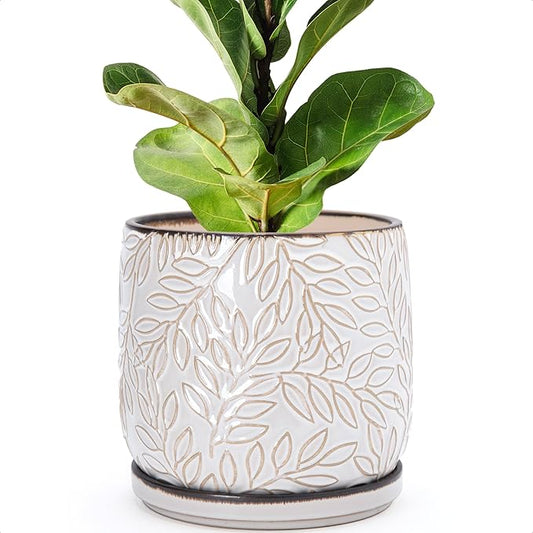 D'vine Dev 8 Inch Embossed Leaves Stoneware Planter Pot with Drainage Hole and Saucer, Smoked White, 27-A-Q-1