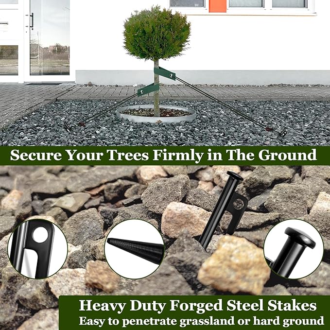 Tree Stakes and Supports, Heavy Duty Tree Stakes Kit Include 3Pcs Tree Straps for Staking, 3Pcs 16" Steel Spikes, and 39Ft Rope, Tree Supports for Young Tree Anti Strong Wind, Bad Weather