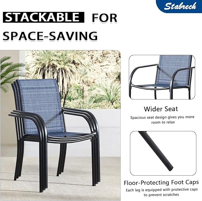 Outdoor Patio Dining Chairs Set of 2, Lightweight Stackable Patio Chairs with Curved Armrests & Wide Seat, Heavy Duty 300 lbs Capacity, Garden Chairs for Backyard, Deck, Poolside, Blue