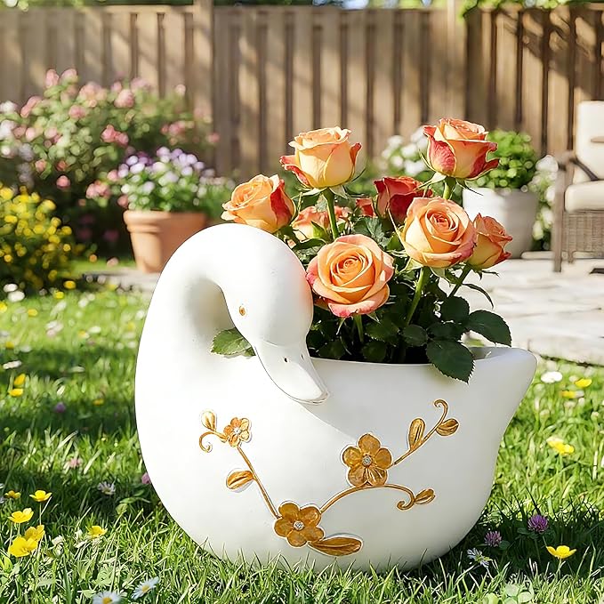 Teaeeno Decorative Garden Swan Planters Succulent Pots Indoor Unique Flower Plant Pots Cement Swan Decor Home Garden Balcony Decor (Whiter)