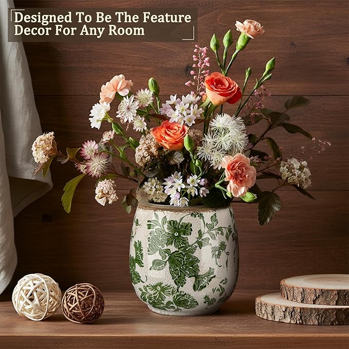 Vintage Ceramic Flower Pot with Ice Crackle Rustic Planter with Drainage Holes for Indoor and Outdoor Decor Home Living Room Garden Decor Gardening Gift(Vintage Green Style)