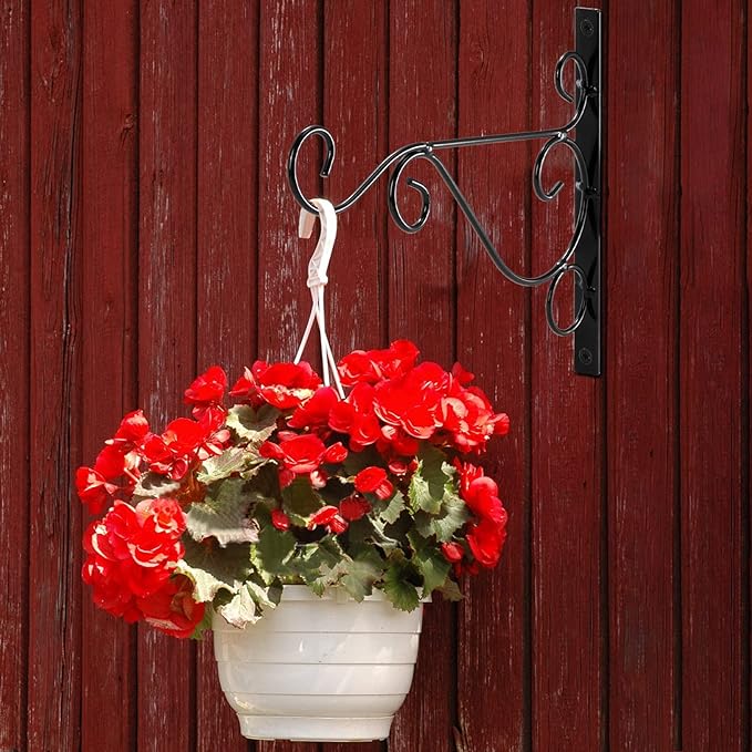 Fasmov 6 Pack Hanging Plant Brackets, 10" Sturdy Iron Wall Mount Flower Basket Hook Indoor Outdoor Bracket for Hanging Bird Feeders, Lanterns, Planters, Wind Chimes, Ornaments with Screws (Black)