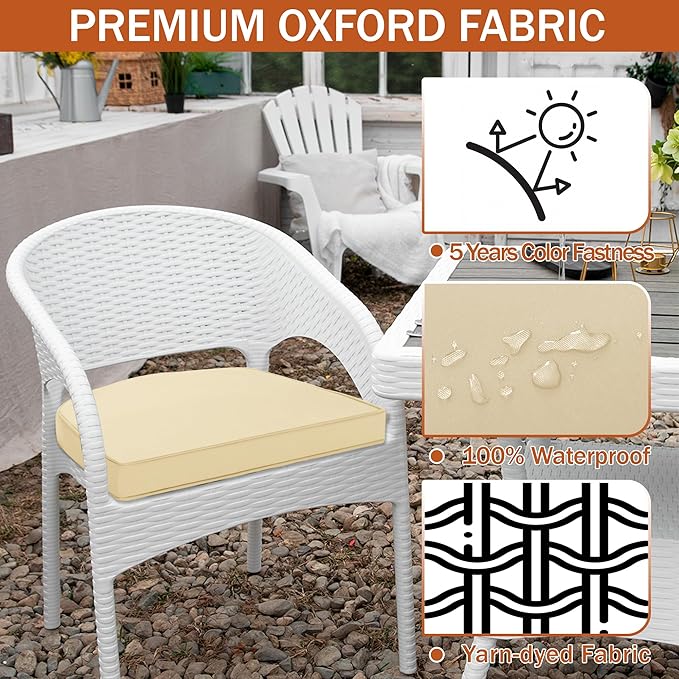 Outdoor Chair Cushions Set of 4 Water Resistant Patio Chair Cushions with Tie 3 Year Color Fastness Thick Outdoor Seat Cushion for Garden Lawn Round Corner Beige 17x16 Inch