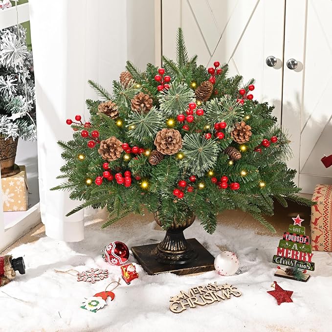 Waipfaru Outdoor Christmas Tree Urn Filler, Prelit Planter Bushes, 22 Inch Lighted Artificial Christmas Tree with Cones & Red Berries for Front Porch Pot Filler Planter Christmas Decorations, 2 Pack