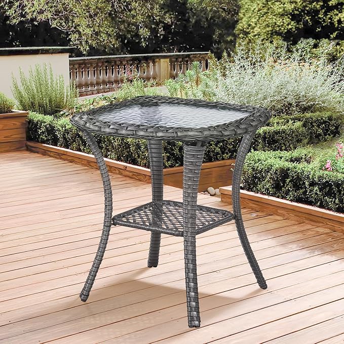 Patio Side Table Glass Wicker Table Outdoor PE Rattan Side Table with Storage Shelf Square Sidetable for Patio Garden Poolside Deck Balcony Porch Yard, Grey