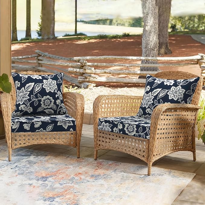 Outdoor Deep Seat Cushion Set, Water Repellent 24"x24" Patio Thick Cushions Replacement with Seat & Back Pillow for Patio Sofa, Wicker Chair, Couch - Vines Navy